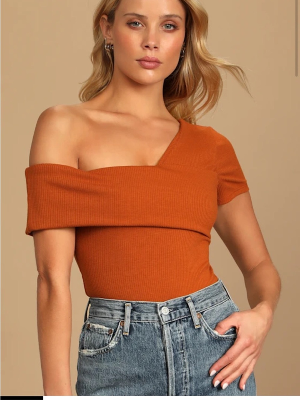 Lulu's Rust One-Shoulder Ribbed Bodysuit